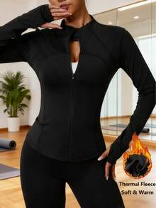 Plus Size Women Thermal Lined Sports Jacket, Soft Warm Thick Long Sleeve Coat, Zipper Closure With Thumb Hole, Suitable For Yoga, Running, Gym, Daily Wear - Black - View 4