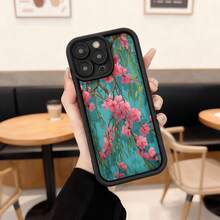 Phone Case With Black Border And Pink Floral Design On Turquoise Background, Spring Aesthetic, Ideal For Daily Use In Cafes And Urban Spaces Suitable For Apple Series Phones