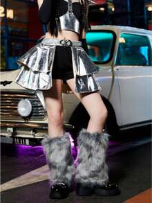 1 Pair Faux Fur Gray Leg Warmers, Fashionable Silver Metallic Costume For Jazz Dance Performance, Tech-Inspired Stage Show, Suitable For Halloween, Christmas