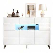 Modernes Sideboard 140 cm mit LED-Beleuchtung »Aura<< – Hochglanz-Weiße Kommode mit 3 Schubladen, 5 Schrankfächern & Metallbeinen – Elegantes Wohnzimmermöbel aus MDF