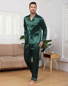 BigKing Men's Silk Satin Pajama Set, Men's Pajama Set, Soft, Long Sleeve, Button-Down - Khaki - View 2