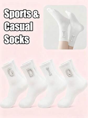 1 双闪亮字母印花白色中筒袜，简约时尚透气，男女通用运动休闲中筒袜