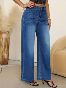 Women's Non Elastic Mid Waist Straight Leg Wide Leg Western Style Denim Pants - 深色水洗藍 - 查看 5