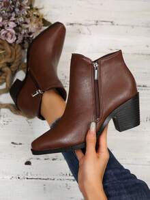Fall/Winter Women's Fashion Chunky Heel Simple Side Zipper Plus Size Boots, Western Style Side Zipper Rhinestone Decor, Holiday - Maroon - View 4