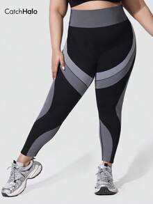 Plus Size High Waist Tummy Control Colorblock Striped Seamless Leggings, Suitable For Running, Yoga, Fitness, Casual Wear In Autumn/Winter