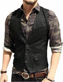 Men's Suit Vest With V-Neck - Black - View 12