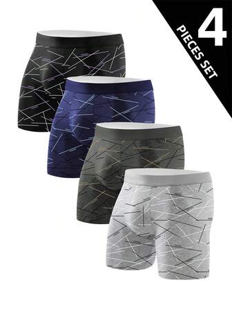 4 par herrmodemönster långa boxershorts, bekväma stretchiga långa boxerbyxor, långa sportunderkläder, nya herrunderkläder, cykelbyxor