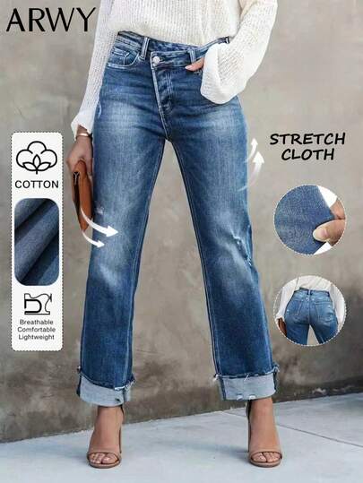 ARWY Slim-Fit Casual Distressed Criss-Cross Waist Cat Whisker Washed Stretchy Skinny Straight-Leg Jeans For Women, Elegant Fashion For Daily, Holiday, Stage, Concert, Halloween, Back To School, All Seasons