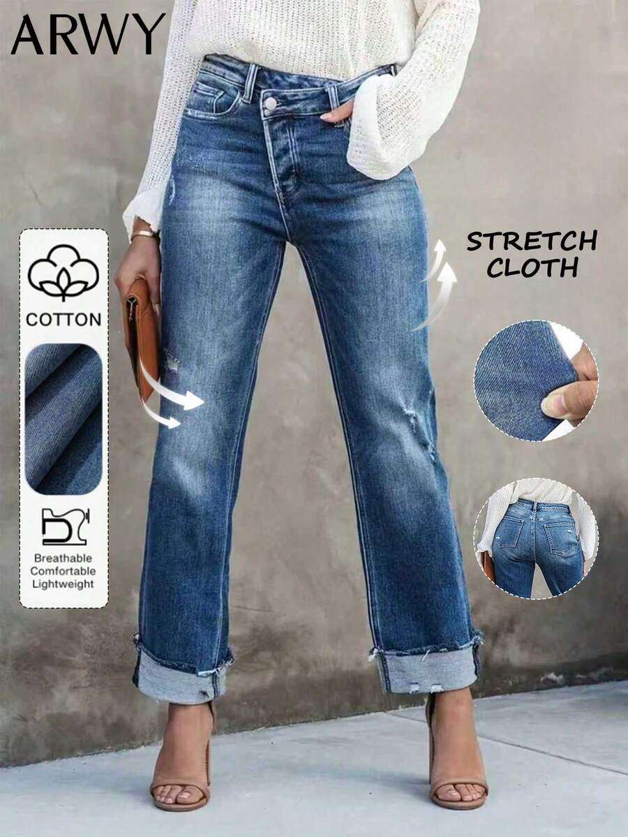 Jeans slim décontractés ARWY, délavés, avec taille croisée, effet effiloché et pattes d'éléphant. Élégant et pour le quotidien, les vacances, la scène, les concerts, Halloween, la rentrée, toutes les saisons, printemps - Jean brut - Voir 1