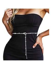 Ceinture de taille pour femmes avec décoration de cristal strass, pompon et anneau en argent - Multicolore - Voir 5