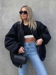 Women's Black Bomber Jacket Front Zip Pockets Long Sleeve Casual Warm Coat For Fall Winter - Black - View 1