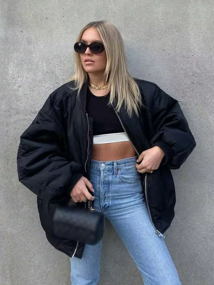 Women's Black Bomber Jacket Front Zip Pockets Long Sleeve Casual Warm Coat For Fall Winter - Black - View 1