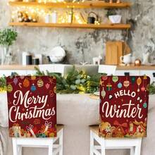 4PCS Merry Christmas Red Snowman Christmas Tree Chair Back Cover Set, Made Of Polyester, Detachable And Easy To Clean, Featuring 'Merry Christmas' Text, Snowman, And Christmas Tree Decorations. Chair Covers Are Suitable For Home Dining Rooms, Parties, And Festive Gatherings. - Red - View 5