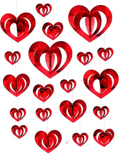 32pcs - Valentine's Day Heart Swirl Decor 3D Heart Hanging Ornaments, Valentine's Day Hanging Foil Decor With Red Swirl, Suitable For Valentine's Day, Wedding, Party Favors
