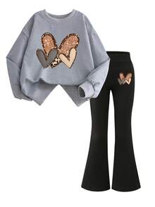 2pcs Set Tween Girls Heart - Element Set, Comfortable Fabric, Spring & Autumn Street Activity & Daily Style.Tween Girl Clothing - Grey - View 2