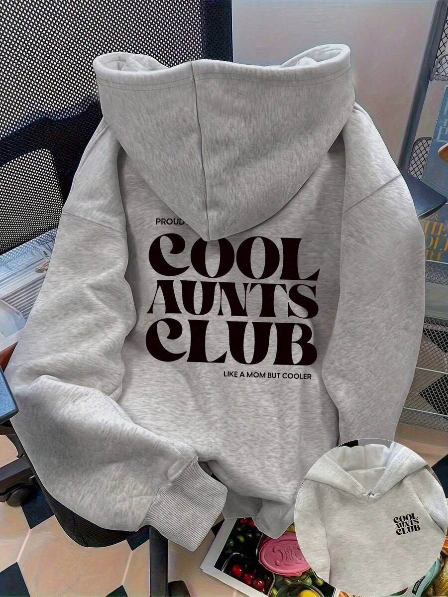 Plus Size Women's Daily "Proud Member Cool Aunts Club Like A Mom But Cooler" Text Pattern Sweatshirt Hooded Long Sleeves Casual Spring/Summer/Fall Women's Plus-Size Long-Sleeved Sweatshirt Halloween Going Out Tops Women, Vacation Outfits Women - Light Grey - View 1