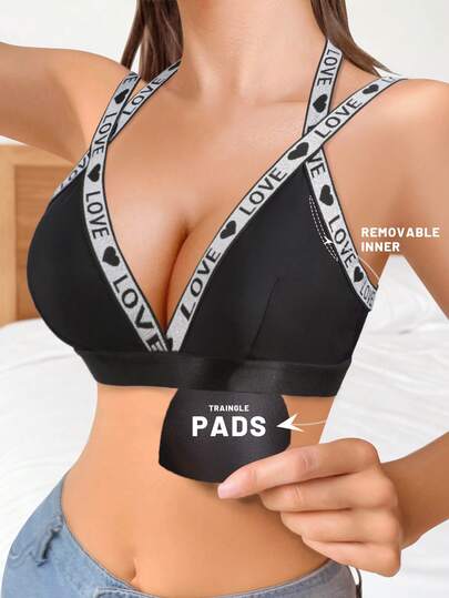 Tape Lettered Black Bra Paded Tops Women Seamless Bra Backless Criss Cross Push Up Bralette Wireless Bralette Breathable Sport Bra Daily Casual Wear Comfortable Underwear Women Sexy Lingerie Contrast Color Heart Letter Strap Bra Comfy For Sports Bandeau No Steel Ring Bra Triangle Cups Comfort Removable Paded Bra Inserts