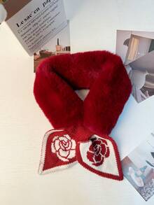 1条女士针织毛绒领围巾，搭配鱼尾缎带拼接设计，适合秋冬季日常保暖搭配连衣裙 - 酒紅花 - 查看 18
