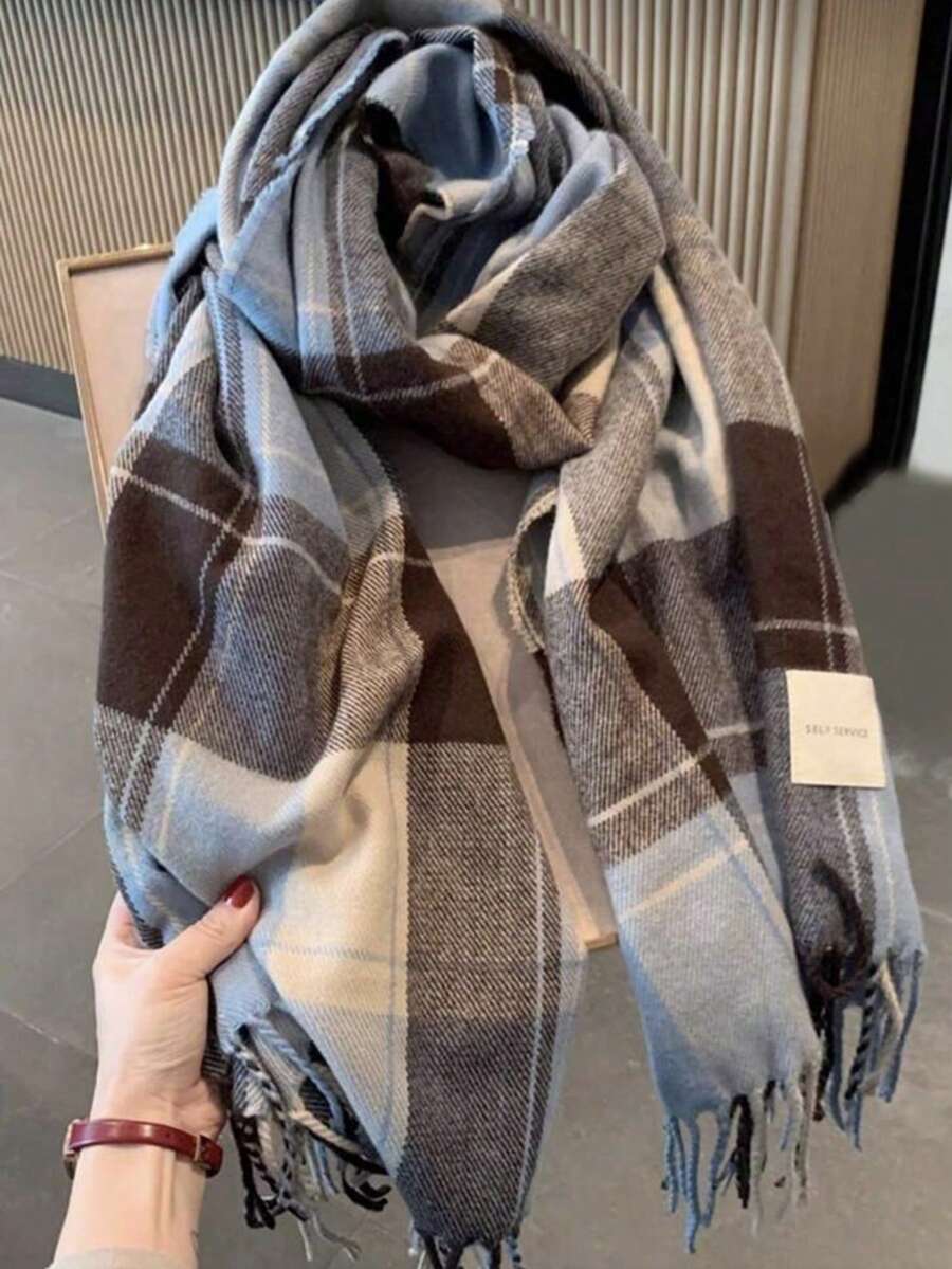 1pc Women's Plaid Fringed Scarf, Faux Cashmere, Warm, Suitable For Daily Use In Autumn And Winter Accessories Women,Beach,Holiday - Blue - View 1