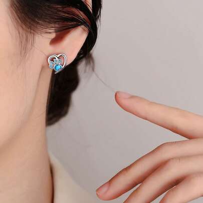 Elegant Heart & Cat Paw Stud Earrings,With Cubic Synthetic Zirconia, Perfect Gift For Mom On Mother's Day