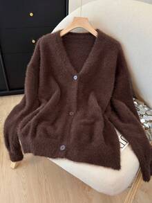 Plus Size Women's Solid Color Drop Shoulder Long Sleeve Single-Breasted Casual Cardigan, Elegant & Graceful Faux Fur Sweater, Coffee Color