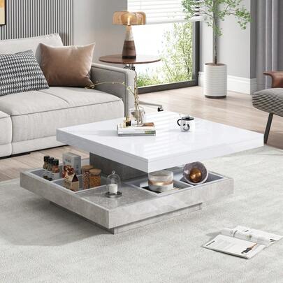 Functional Coffee Table With High-Gloss Surface, Living Room Table, 360° Rotating 2-Tier Table With Storage Drawer, White Lounge Table, Black Frame 70*70*36