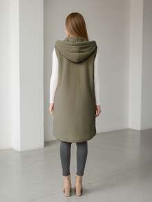 Chaleco largo informal con capucha para mujer con bolsillos delanteros, tejido elástico medio para un estilo cotidiano. - Verde - Ver 3