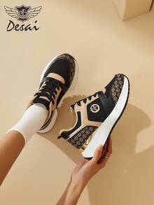 Desai Women's Fashion Thick-Sole Elevated Letter Sneakers, Retro Niche Design Platform Shoes, Lightweight Lace-Up Casual Breathable Mesh Shoes, Versatile Outdoor Footwear - Black - View 10