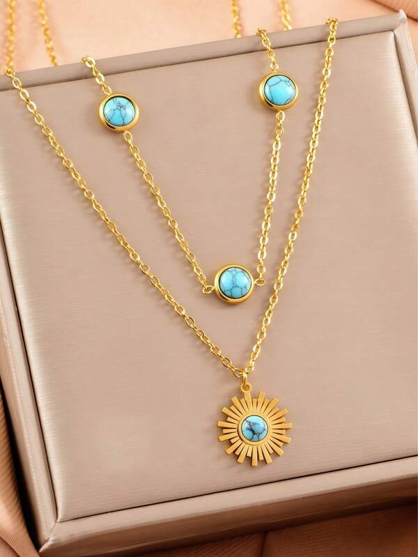 Colgante de sol con incrustaciones de turquesa vintage, collar de doble capa de acero de titanio para mujeres