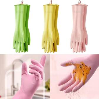 Kitchen Gloves Thickened Thermal Lined Dishwashing Gloves Waterproof PVC Household Gloves Protective Covers For Household Cleaning Housework Drawstring Gloves