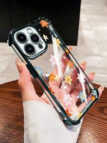 Custodia per iPhone 14 15 16 Pro Max 14 15 Plus 16 Plus 11 12 13 Pro Max, morbida custodia inferiore in silicone trasparente con custodia protettiva in TPU a schermo intero con fiore arancione e lente all-inclusive