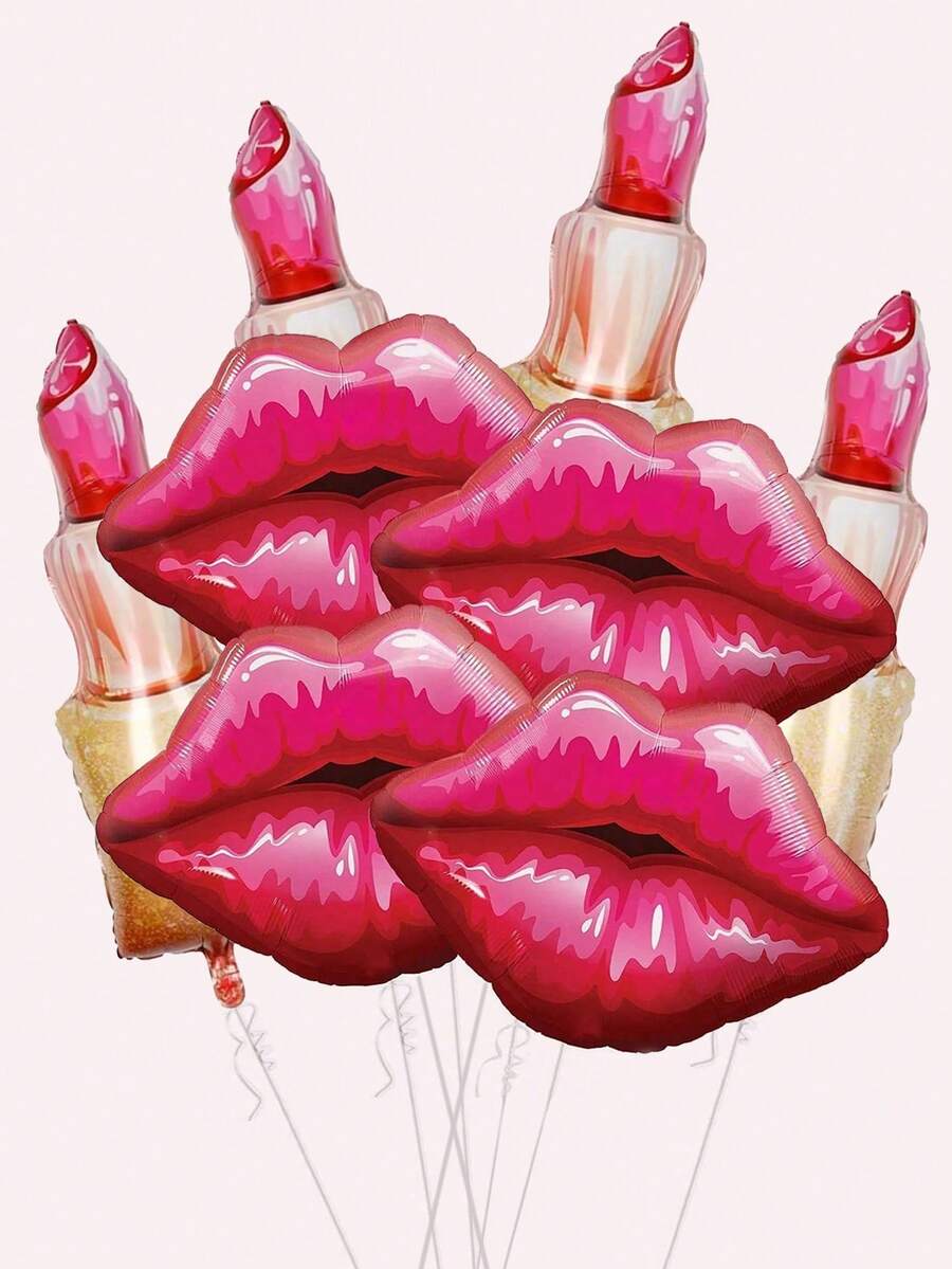 4 件巨型红色唇膏唇气球套装 2 件唇膏 2 件唇膏气球单身派对用品化妆气球生日新娘送礼会女孩水疗派对用品可爱唇膏和唇膏气球，圣诞节 - 粉色 - 查看 1