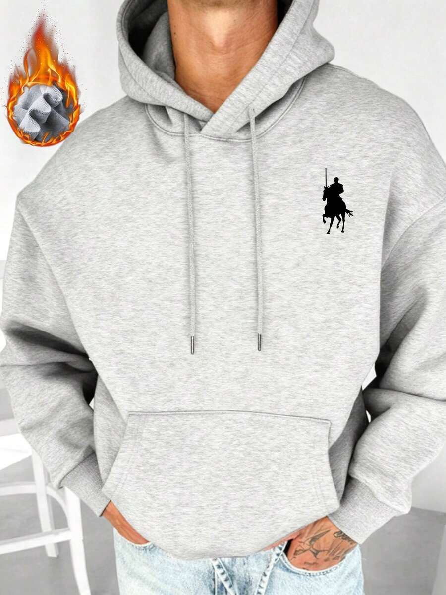 K-GLORY 男士抓绒连帽衫，新款秋冬街头风马术元素印花套头卫衣 - 灰色 - 查看 1