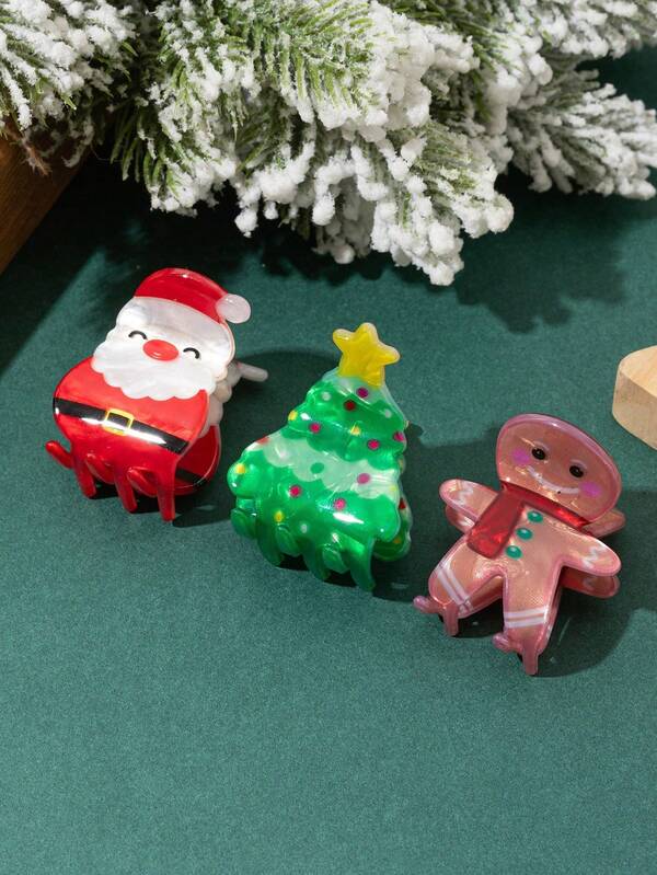3 piezas Pinzas de pelo navideñas personalizadas y lindas con muñeco de jengibre y Papá Noel, adecuadas para decoración navideña