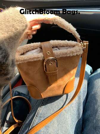 迷你毛边单肩包，女士休闲复古蓬松手提包，多功能通勤包，毛绒托特斜挎包，女士街头时尚，派对/礼品袋，秋冬款