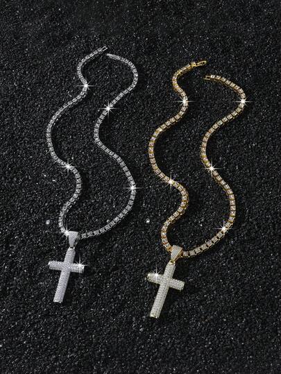 1 szt. męski naszyjnik z łańcuszkiem tenisowym w stylu hip-hop z klasycznym wisiorkiem w kształcie krzyża z cyrkonii miedzianej