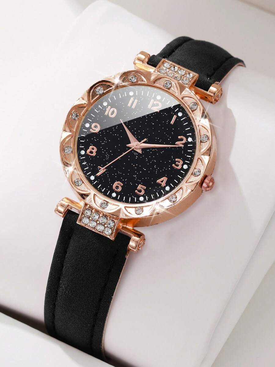 1pc Women's Fashion Minimalist Starry Dial Quartz Wrist Watch, Classic Design (Watch Only, No Watch Box) - Black - View 1
