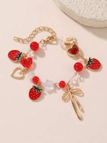 1 pieza Pulsera de niña con cuentas de cereza, fresa, corazón, estrella y lazo, adecuada para decoración diaria - Rojo - Ver 7