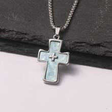 Double Cross Pendant Necklace For Men  Titanium Steel Niche Design Hip-Hop Style Sweater Chain Small Gift For Women - 多巴胺十字架-藍色/方形珍珠鍊70cm - 查看 8