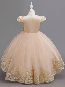Elegant Sleeveless Embroidered Trailing Luxurious Princess Dress, Puffy Tulle Flower Girl Formal Gown For Ceremony - Rượu sâm banh - Xem 3