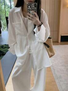 Conjunto informal de blusa de manga larga con botones delanteros y pantalones de unicolor blanco para primavera - Blanco - Ver 2