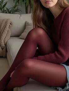 1件装女士酒红色超薄时尚连裤袜 - 酒紅色 - 查看 3