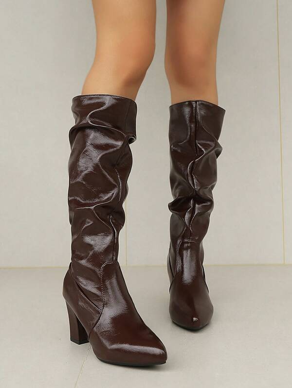 Fall/Winter 2026 Ideal With Leggings, Women's Fashion Pointed Toe Pleated High Heel Boots, Buckle Party