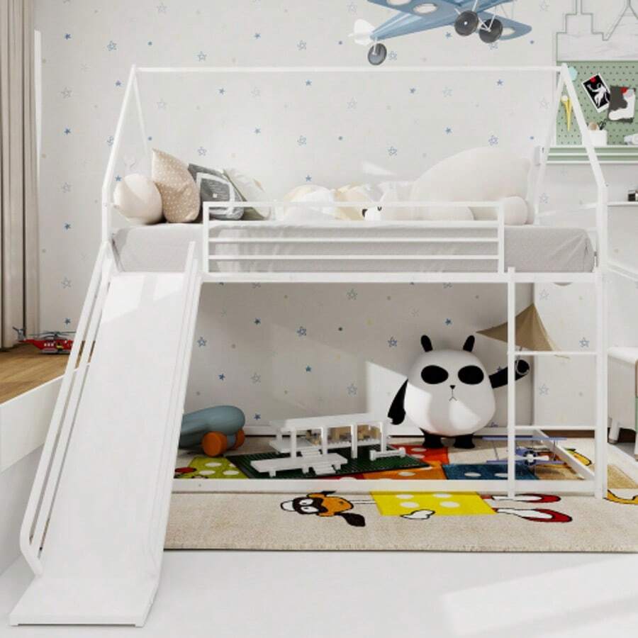 Twin über Twin Etagenbett mit Rutsche für Kinder Schlafzimmer, Haus geformt Bettgestell w / Leiter, kein Boxspring benötigt & einfach zu montieren