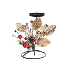 Confezione da 1 – Portacandele – Ferro battuto – Portacandele natalizio con decorazioni di frutta e foglie – Decorazione da tavola – Rosso e verde