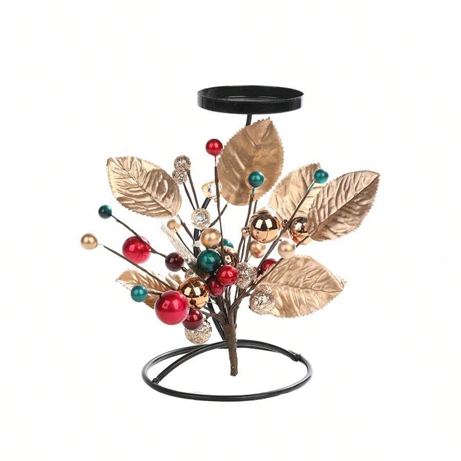 Confezione da 1 – Portacandele – Ferro battuto – Portacandele natalizio con decorazioni di frutta e foglie – Decorazione da tavola – Rosso e verde