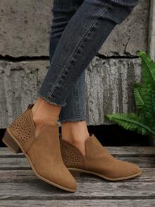 秋冬女士时尚切尔西靴，棕色皮革，舒适修身西部靴，后拉链设计，多色透气镂空款式 - 棕色 - 查看 6