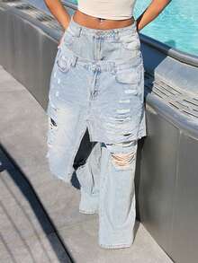 Steph T Quần Jeans Denim Baggy Fit Distressed Rách Viền Chồng Lên Nhau - Rửa nhẹ - Xem 6
