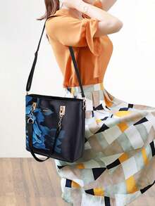 Complete Handbag Set For Women Floral Print Tote Bags PU Leather Top Handle Satchel For Mom - 黑色 - 查看 3