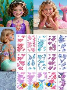 10张彩色鱼鳞临时纹身贴纸，逼真贝壳设计，美人鱼主题派对用品，沙滩派对，角色扮演化妆假纹身